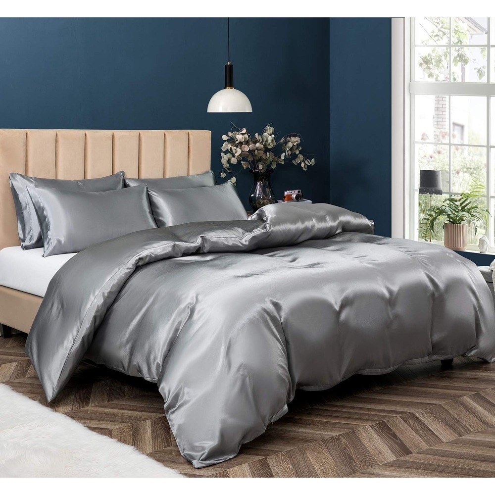 King Satin Duvet Cover Set 5 Piece Grey Silky Bedding with 4 Pillowcases